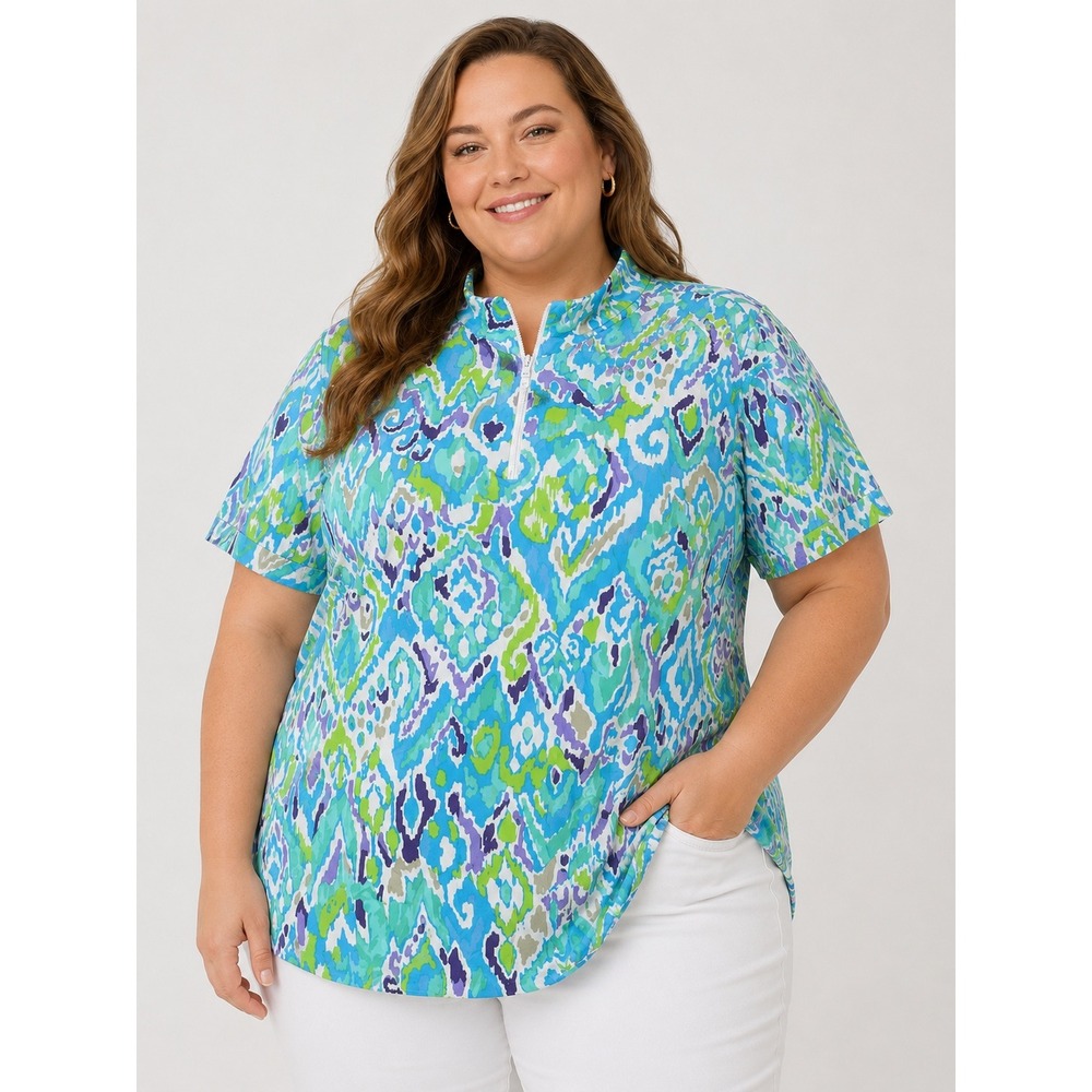 IBKUL Sun Shirt Womens XXL Blue Green Ikat Print UPF 50 Quarter Zip Short Sleeve
